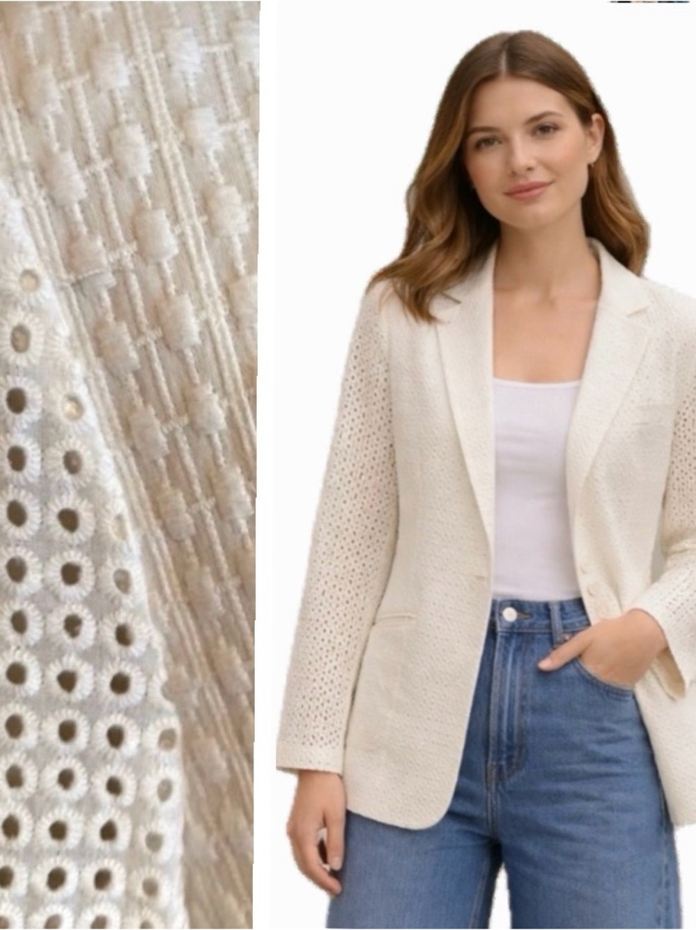 Harlyn, White Eyelet Blazer Textured Cotton Spring/Summer Jacket, Size M